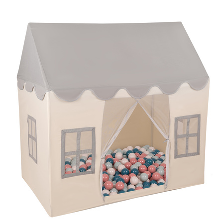 KiddyMoon Domek dla dzieci PH-002 z piłeczkami 7cm Іграшка намет для дітей, біло-сірий: темний бірюзовий-пастельний бежево-зелено-сірий-лососевий