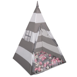 Namiot tipi NT-200X z piłeczkami 6cm Іграшка намет для дітей, сіро-білі смуги: перлино-сірий-прозорий-пудрово-рожевий