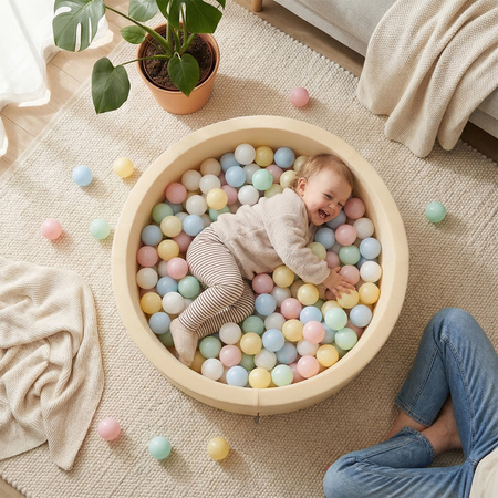 KiddyMoon Suchy basen okrągły z piłeczkami 7cm Іграшка пінопластовий басейн, маслянистий: пастельний блакитний-пастельний жовтий-сірий