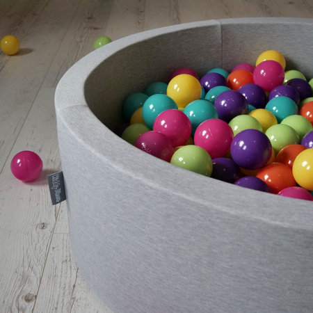 KiddyMoon Suchy basen okrągły z piłeczkami 7cm 120x30 Іграшка пінопластовий басейн, світло-сірий: світло-зелений-жовтий-бірюзовий-помаранчевий-темно-рожевий-фіолетовий
