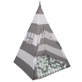 Namiot tipi NT-200X z piłeczkami 6cm Іграшка намет для дітей, сіро-білі смуги: білий-сірий-м’ята