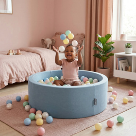 KiddyMoon Suchy basen okrągły z piłeczkami 7cm Іграшка пінопластовий басейн, блакитний: пастельний блакитний-пастельний жовтий-сірий