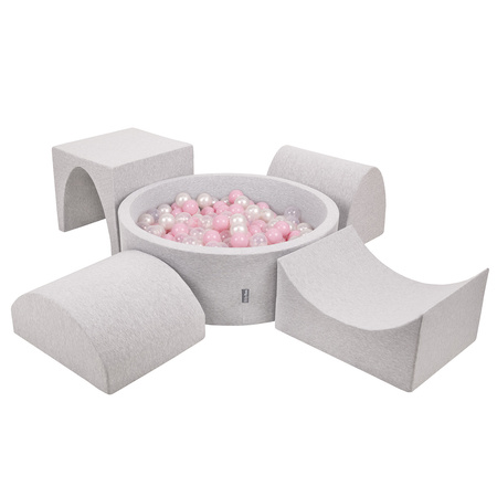 KiddyMoon Piankowy plac zabaw PPZP-OK30D-135 z piłeczkami Іграшка ігровий майданчик, світло-сірий: пудрово-рожевий- перлинний-прозорий