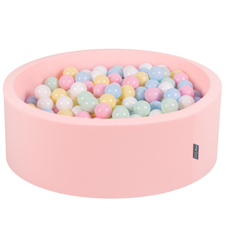 KiddyMoon Suchy basen okrągły z piłeczkami 7cm Zabawka basen piankowy, różowy: pastelowy niebieski-pastelowy żółty-biały-mięta-pudrowy róż