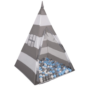 Namiot tipi NT-200X z piłeczkami 6cm Іграшка намет для дітей, сіро-білі смуги: сірий-білий-прозорий-блакитний