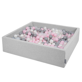 KiddyMoon Suchy basen kwadratowy z piłeczkami 7cm 120x30 Іграшка пінопластовий басейн, jasnoszary: перлисто-сірий-прозорий-пудрово-рожевий