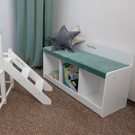 KiddyMoon Ławka z materacem BN-001 Mebel z półkami, szary/zieleń lasu