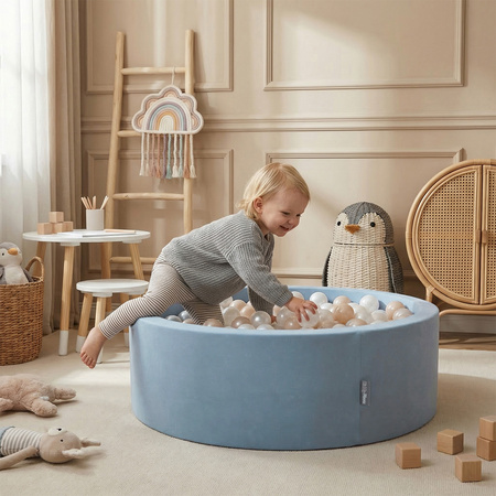 KiddyMoon Suchy basen okrągły z piłeczkami 7cm Іграшка пінопластовий басейн, блакитний: пастельний блакитний-пастельний жовтий-сірий