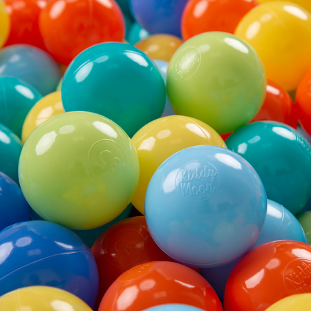 KiddyMoon Plastikowe piłeczki 7cm Zabawka zestaw kulek, jasny zielony-pomarańcz-turkus-niebieski-babyblue-żółty