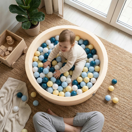 KiddyMoon Suchy basen okrągły z piłeczkami 7cm Іграшка пінопластовий басейн, маслянистий: темний бірюзовий-пастельний синій-пастельний жовтий-білий
