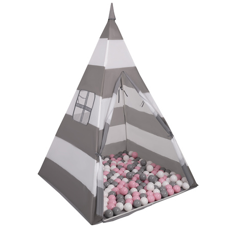 Namiot tipi NT-200X z piłeczkami 6cm Іграшка намет для дітей, сіро-білі смуги: білий-сірий-пудрово-рожевий
