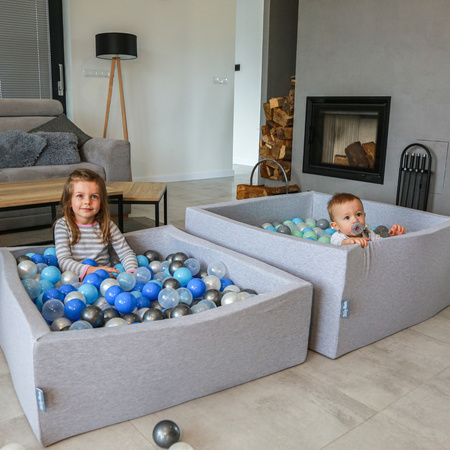 KiddyMoon Suchy basen okrągły z piłeczkami 7cm Zabawka basen piankowy, jasnoszary: perła-niebieski-babyblue-transparent-srebrny