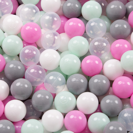 KiddyMoon Plastikowe piłeczki 7cm Zabawka zestaw kulek, transparent-szary-biały-róż-mięta