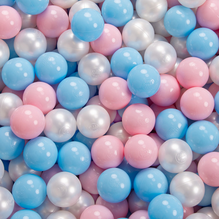 KiddyMoon Suchy basen trójkątny z piłeczkami 7cm Zabawka basen piankowy, jasnoszary: babyblue-pudrowy róż-perła