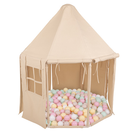 KiddyMoon Namiot dla dzieci NK-002 z piłeczkami 7cm Іграшка намет для дітей, пастельний бежево-пастельний жовтий-білий-м’ята-пудрово-рожевий