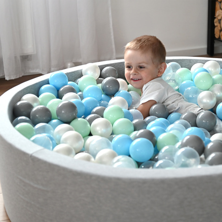 KiddyMoon Suchy basen okrągły z piłeczkami 7cm Zabawka basen piankowy, jasnoszary: perła-szary-transparent-babyblue-mięta