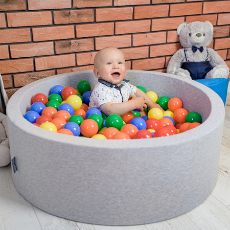 KiddyMoon Suchy basen okrągły z piłeczkami 7cm 90x40 Zabawka basen piankowy, ciemnoszary: żółty-zielony-niebieski-czerwony-pomarańcz