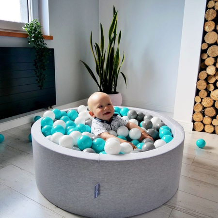 KiddyMoon Suchy basen okrągły z piłeczkami 7cm Zabawka basen piankowy, jasnoszary: biały-szary-jasny turkus