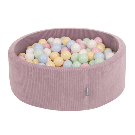 KiddyMoon Suchy basen okrągły STRIPES z piłeczkami 7 cm Zabawka basen piankowy, fioletowy: pastelowy niebieski-pastelowy żółty-biały-mięta-pudrowy róż