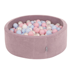 KiddyMoon Suchy basen okrągły STRIPES z piłeczkami 7 cm Zabawka basen piankowy, fioletowy: pastelowy niebieski-perła-pudrowy róż-biały