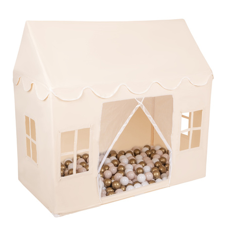 KiddyMoon Domek dla dzieci PH-001 z piłeczkami 7cm Zabawka namiot dla dzieci, natural: pastelowy beż-biały-złoty