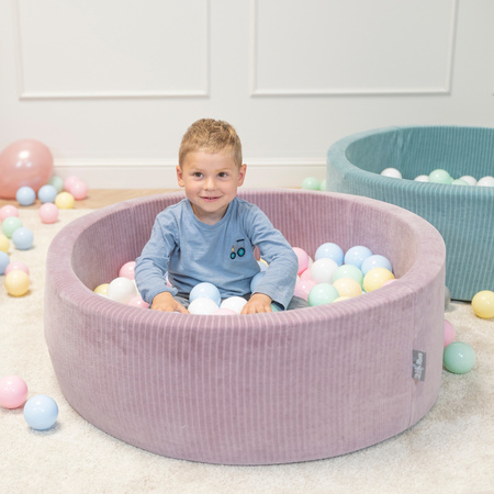 KiddyMoon Suchy basen okrągły STRIPES z piłeczkami 7 cm Zabawka basen piankowy, fioletowy: pastelowy niebieski-pastelowy żółty-biały-mięta-pudrowy róż