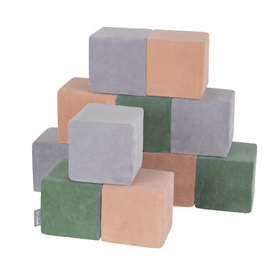 KiddyMoon Miękkie klocki VELVET 14cm Іграшка пінопластові кубики, куби: лісова зелень — пустельний рожевий — гірська сірість