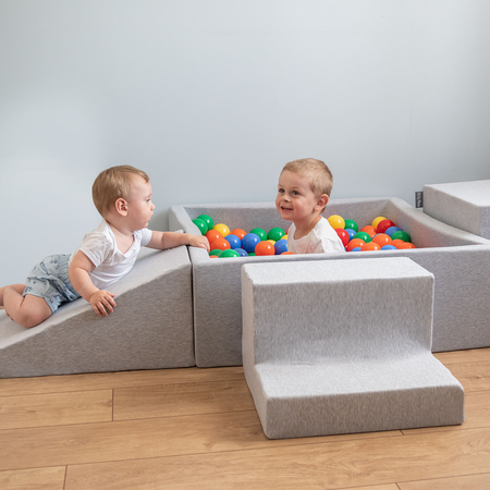KiddyMoon Suchy basen kwadratowy z piłeczkami 7cm Іграшка пінопластовий басейн, світло-сірий: жовто-зелено-синьо-червонo-помаранчевий