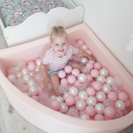 KiddyMoon Suchy basen trójkątny z piłeczkami 7cm Zabawka basen piankowy, jasnoszary: perła-niebieski-babyblue-transparent-srebrny
