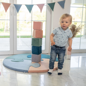 KiddyMoon Miękkie klocki VELVET 14cm Іграшка пінопластові кубики, куби: лісова зелень — пустельний рожевий — гірська сірість