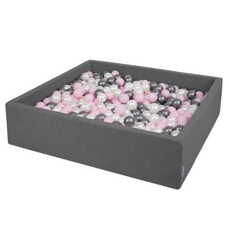 KiddyMoon Suchy basen kwadratowy z piłeczkami 7cm 120x30 Іграшка пінопластовий басейн, темно-сірий: перлинно-пудрово-рожевий-срібний