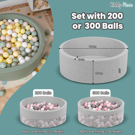 KiddyMoon Suchy basen okrągły z piłeczkami 7cm Zabawka basen piankowy, ciemnoszary: jasny zielony-żółty-turkus-pomarańcz-ciemny róż-fiolet