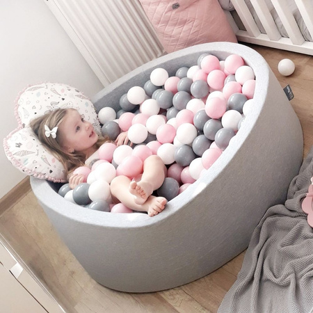 KiddyMoon Suchy basen okrągły z piłeczkami 7cm Zabawka basen piankowy, jasnoszary: biały-szary-pudrowy róż