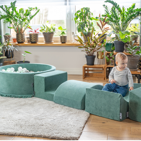 KiddyMoon Piankowy plac zabaw VELVET PPZP-OK30V-115 z piłeczkami Іграшка ігровий майданчик, Зелень лісу: темний бірюзовий — пастельний бежевий — зеленувато-сірий — лососевий