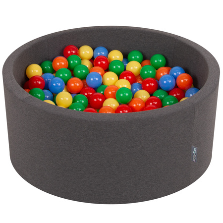KiddyMoon Suchy basen okrągły z piłeczkami 7cm 90x40 Zabawka basen piankowy, ciemnoszary: żółty-zielony-niebieski-czerwony-pomarańcz