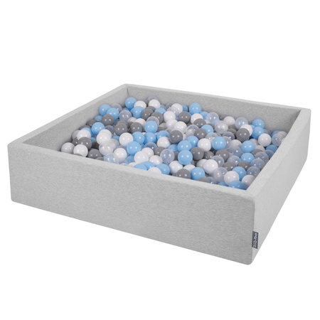 KiddyMoon Suchy basen kwadratowy z piłeczkami 7cm 120x30 Іграшка пінопластовий басейн, світло-сірий: сірий-білий-прозорий-небесно-блакитний