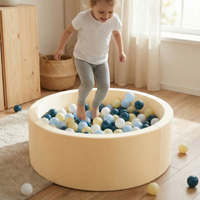 KiddyMoon Suchy basen okrągły z piłeczkami 7cm Іграшка пінопластовий басейн, маслянистий: пастельний блакитний-пастельний жовтий-білий-м’ята-пудрово-рожевий