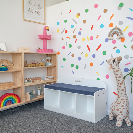 KiddyMoon Ławka z materacem BN-001 Mebel z półkami, szary/zieleń lasu