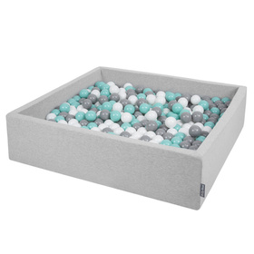 KiddyMoon Suchy basen kwadratowy z piłeczkami 7cm 120x30 Іграшка пінопластовий басейн, jasnoszary: біло-сірий-ясний бірюзовий