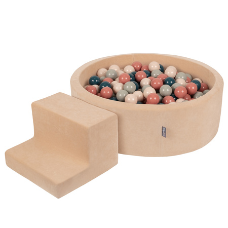 KiddyMoon Piankowy plac zabaw VELVET PPZP-OK30V-122 z piłeczkami Іграшка ігровий майданчик, пісочний беж: темний бірюзовий-пастельний беж-зелено-сірий-лососевий