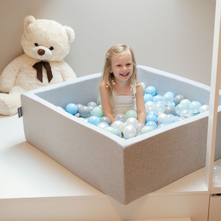 KiddyMoon Suchy basen okrągły z piłeczkami 7cm Zabawka basen piankowy, jasnoszary: perła-szary-transparent-babyblue-mięta