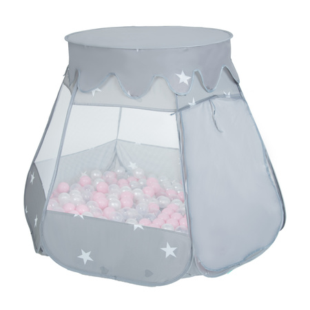  Namiot zamek NZ-100X z piłeczkami 6cm Zabawka namiot dla dzieci, szary: szary-biały-transparent-babyblue