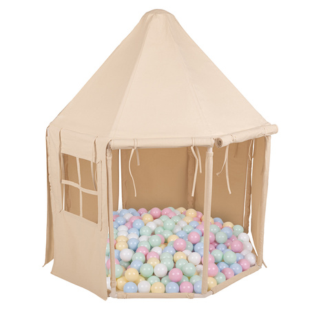 KiddyMoon Namiot dla dzieci NK-002 z piłeczkami 7cm Zabawka namiot dla dzieci, natural: pastelowy niebieski-pastelowy żółty-biały-mięta-pudrowy róż