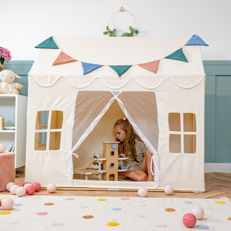 KiddyMoon Domek dla dzieci PH-001 z piłeczkami 7cm Іграшка намет для дітей, біло-перлинний пастельний бежево-зеленосірий