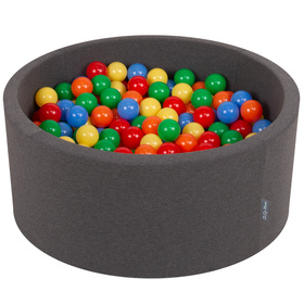 KiddyMoon Suchy basen okrągły z piłeczkami 7cm 90x40 Zabawka basen piankowy, ciemnoszary: żółty-zielony-niebieski-czerwony-pomarańcz