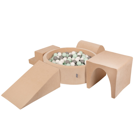 KiddyMoon Piankowy plac zabaw VELVET PPZP-OK30V-125 z piłeczkami Іграшка ігровий майданчик, беж піску: біло-сірий-м’ята