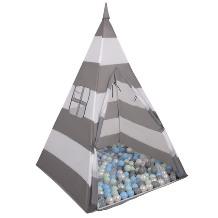 Namiot tipi NT-200X z piłeczkami 6cm Іграшка намет для дітей, сіро-білі смуги: перлинно-сірий-прозорий-блакитний-м’ята