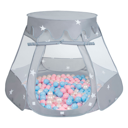 Namiot zamek NZ-100X z piłeczkami 6cm Іграшка намет для дітей, сірий: baby blue — пудрово-рожевий — перлина