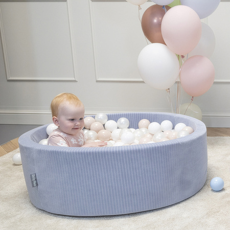 KiddyMoon Suchy basen okrągły STRIPES z piłeczkami 7 cm Іграшка пінопластовий басейн, темно-сірий: пастельний бежево-білий-перлина