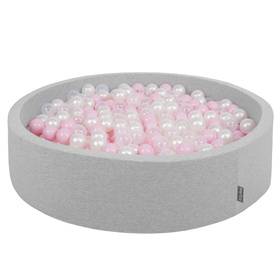 KiddyMoon Suchy basen okrągły z piłeczkami 7cm 120x30 Іграшка пінопластовий басейн, світло-сірий: пудрово-рожевий- перламутровий-прозорий